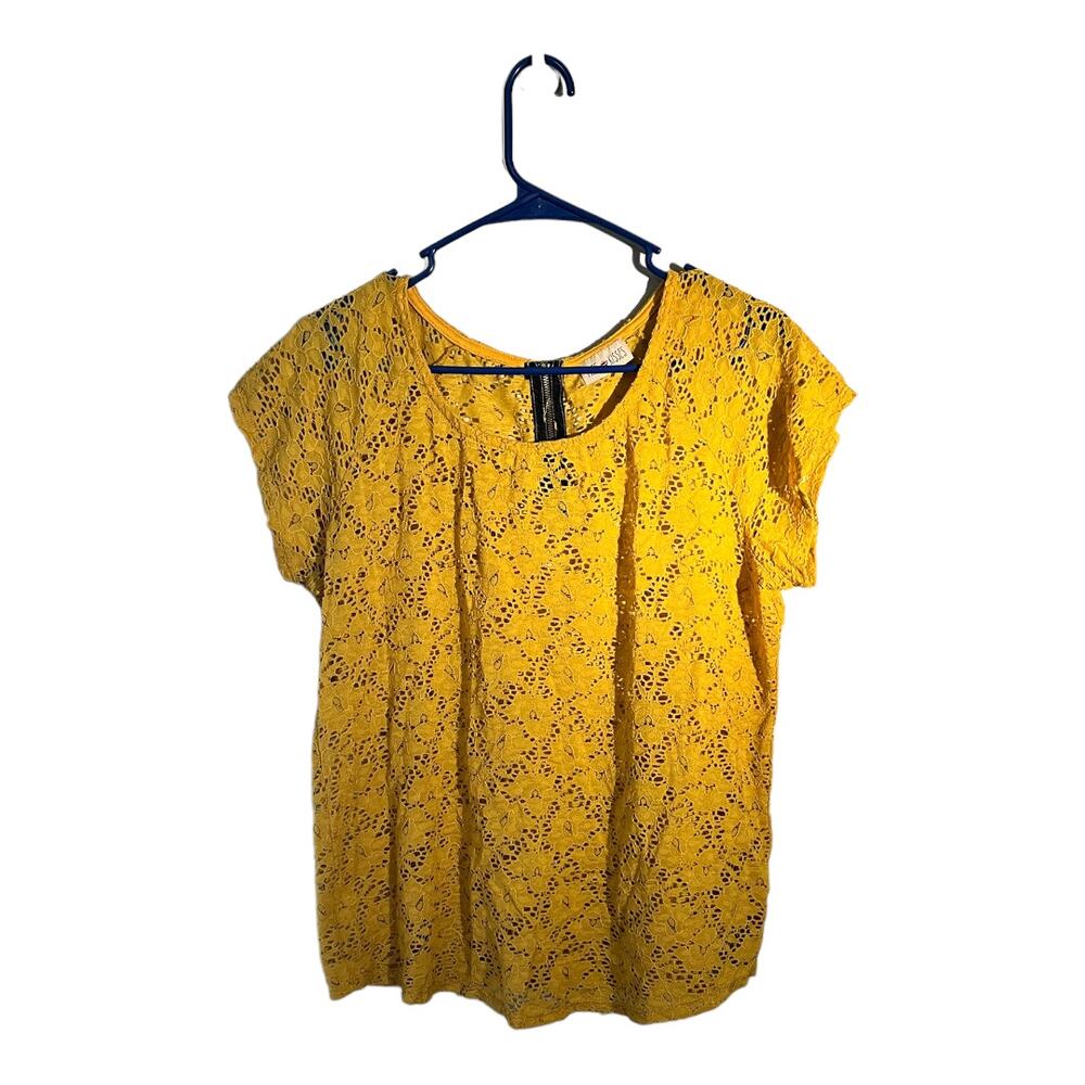 Free Kisses Women's XL Yellow Lace Sheer Blouse Crochet Mesh Zipper Top